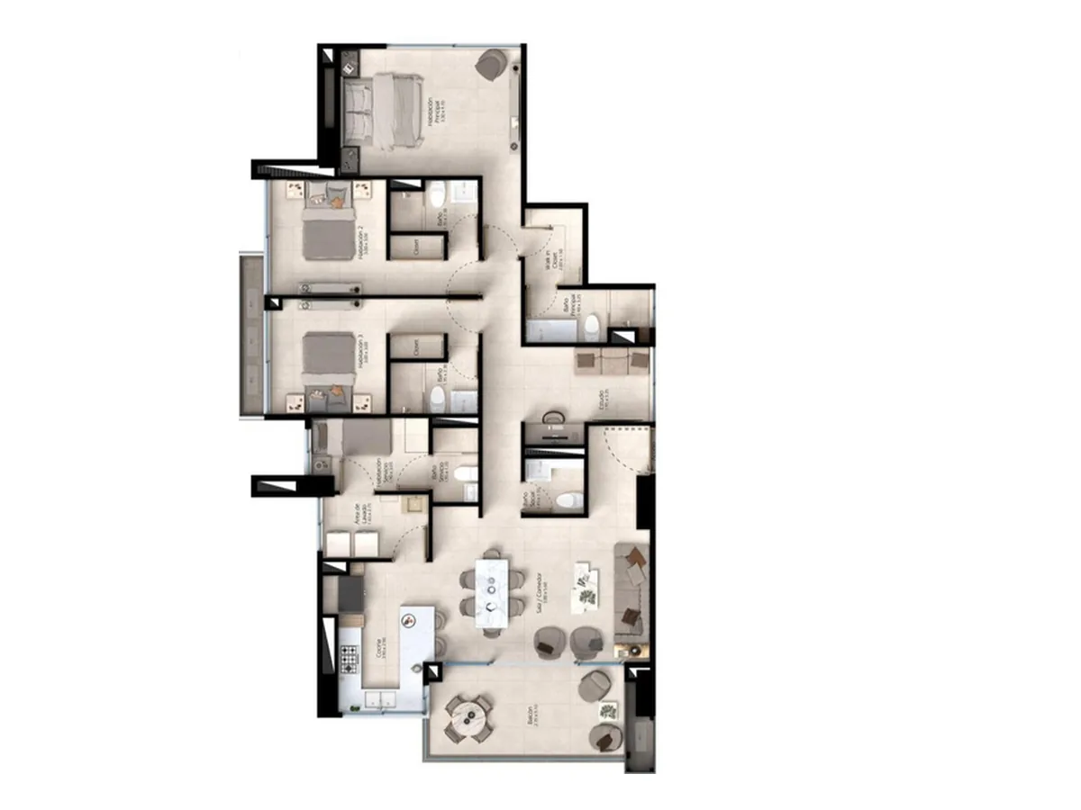 Plano del apartamento Tipo 02 de 156.19 m² con 3 habitaciones, estudio y servicio en Traventto Santo Domingo