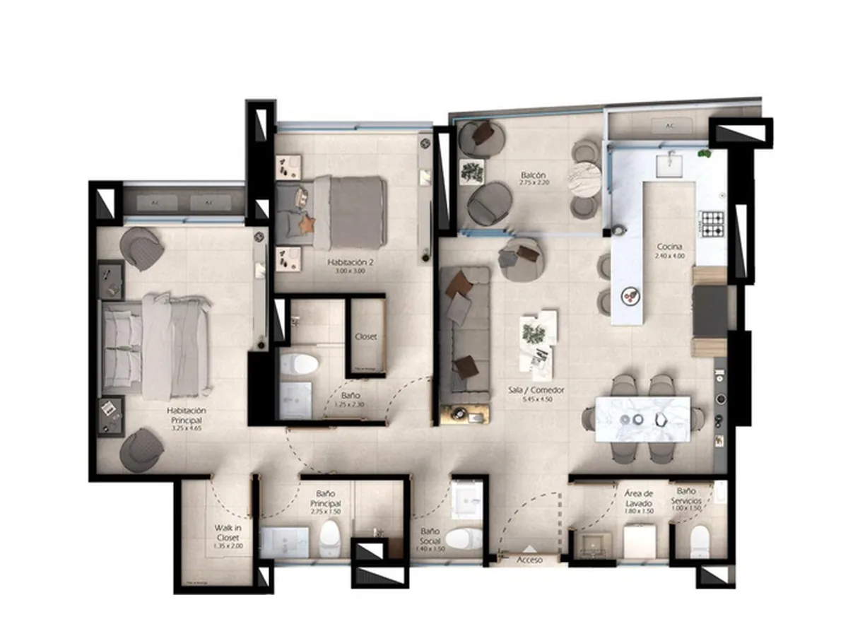Plano del apartamento Tipo 03 de 97.98 m² con 2 habitaciones en Traventto Santo Domingo