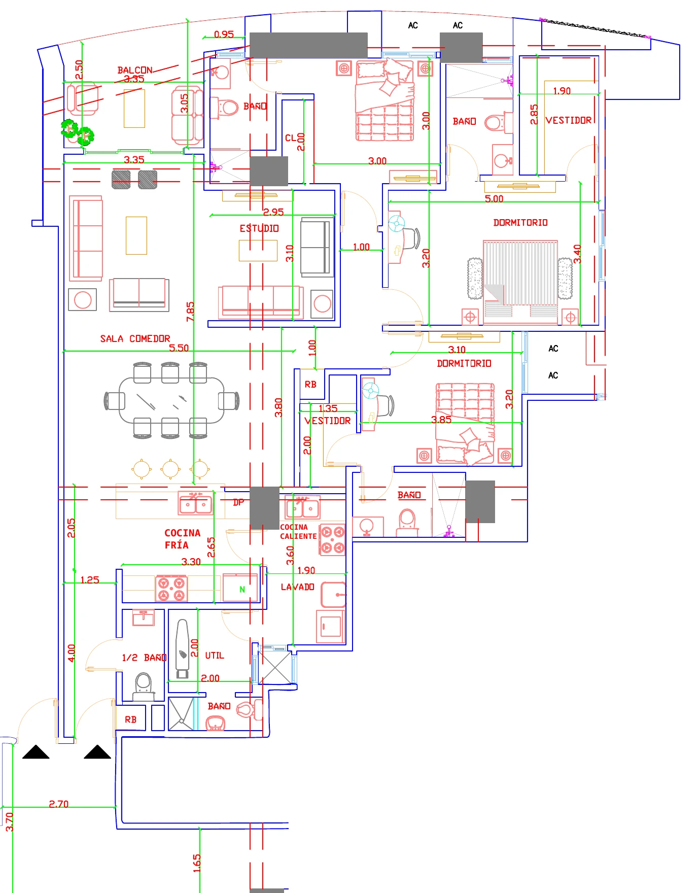 Plano del apartamento Tipo 04 de 180 m² con 3 habitaciones, estudio y cocina fría y caliente en la Torre Norte de Signature by Melcon