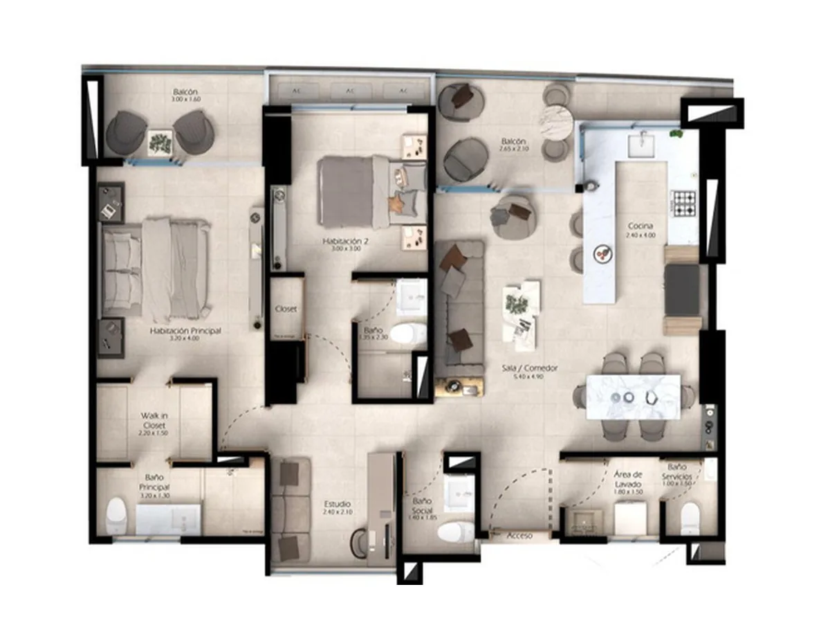 Plano del apartamento Tipo 05 de 107.86 m² con 2 habitaciones y estudio en Traventto Santo Domingo