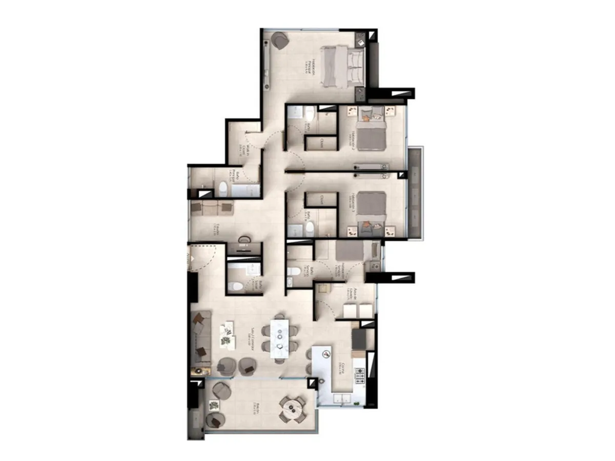 Plano del apartamento Tipo 07 de 156.19 m² con 3 habitaciones, estudio y servicio en Traventto Santo Domingo