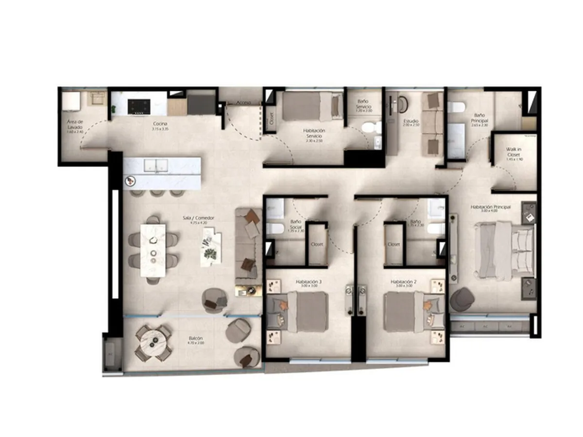 Plano del apartamento Tipo 08 de 138.36 m² con 3 habitaciones, estudio y servicio en Traventto Santo Domingo