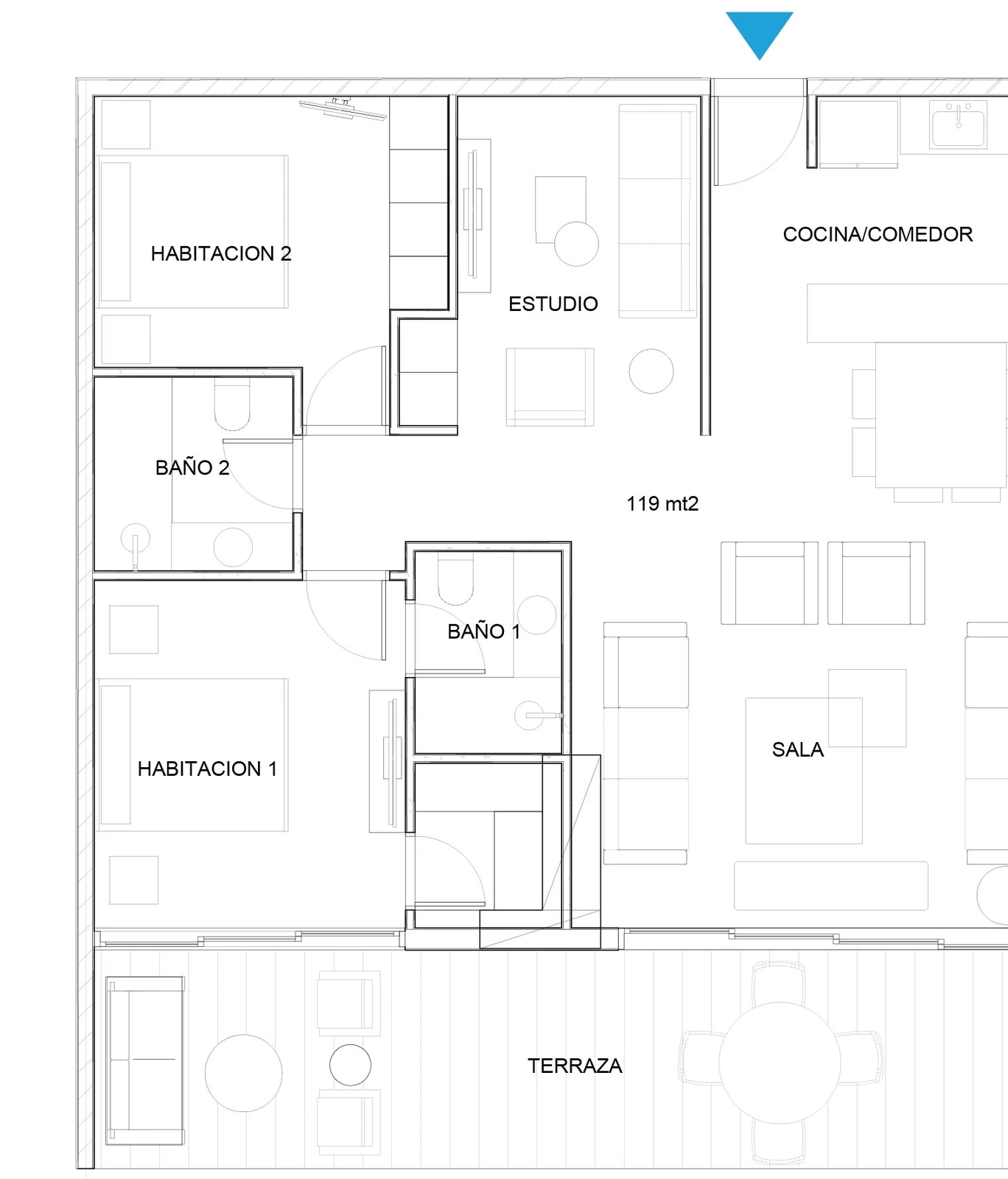 Plano del apartamento Tipo B de 2 habitaciones y 119 m² en Oceanic Juan Dolio