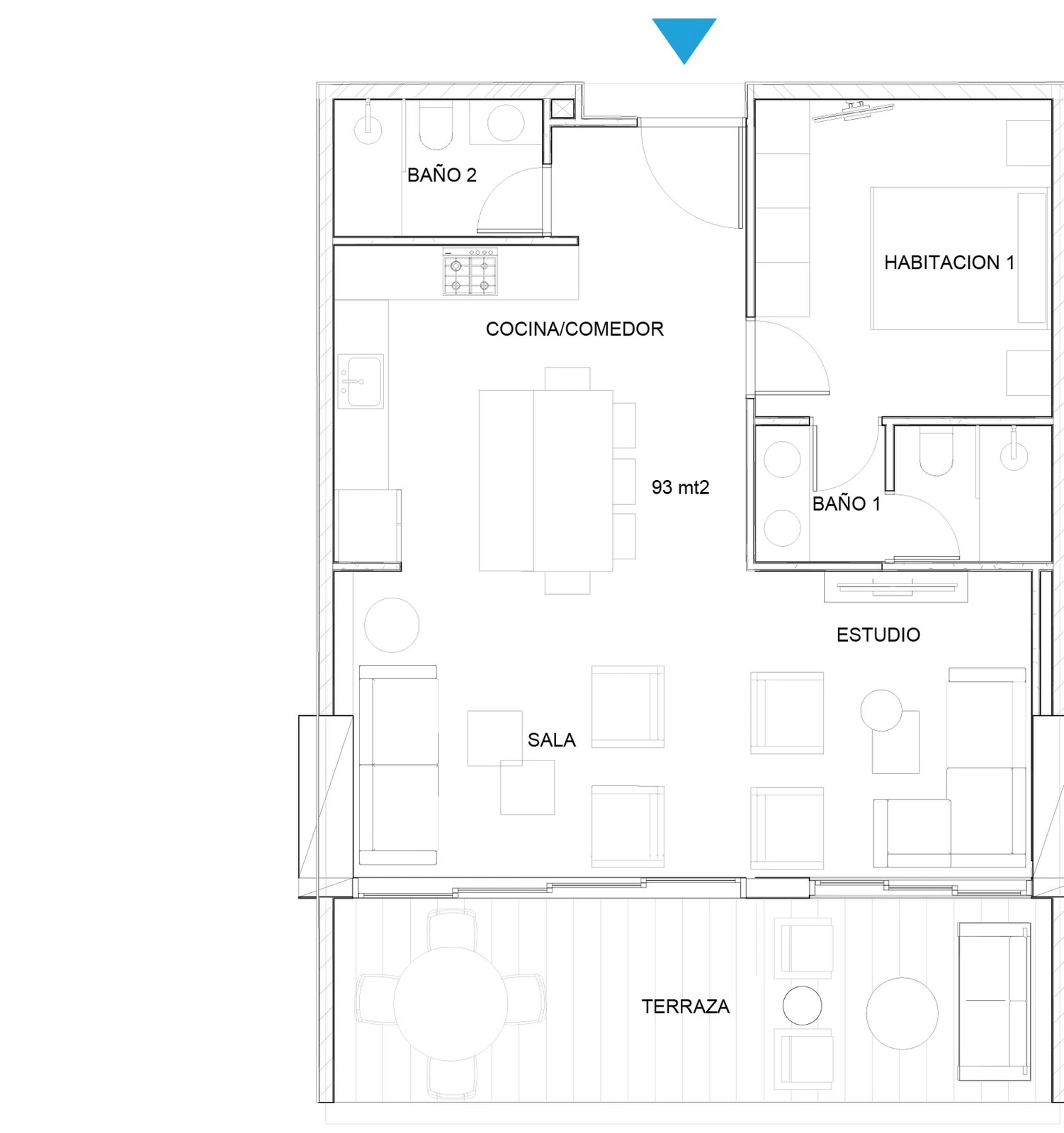 Plano del apartamento Tipo C de 1 habitación con estudio y 93 m² en Oceanic Juan Dolio