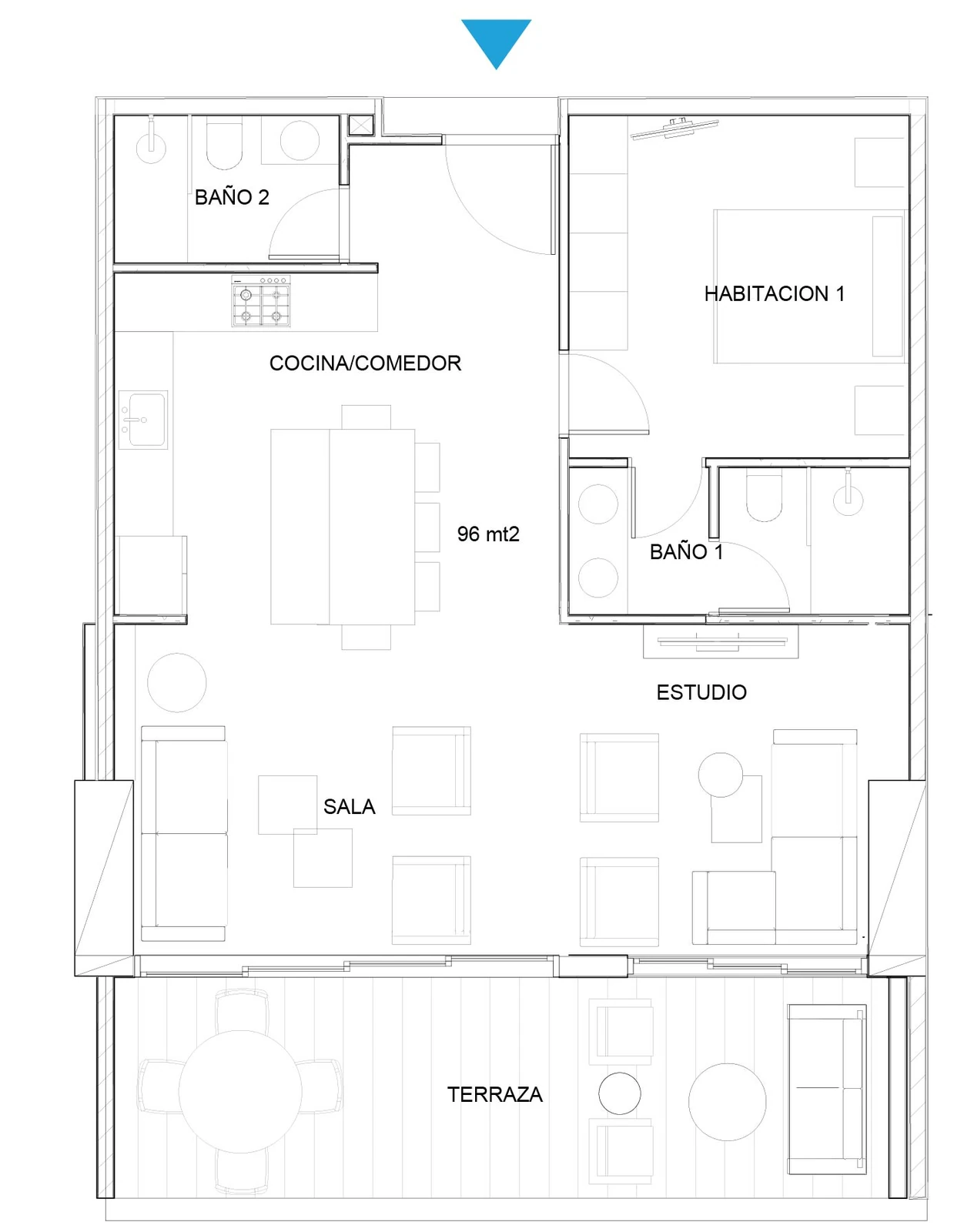 Plano del apartamento Tipo D de 1 habitación con estudio y 96 m² en Oceanic Juan Dolio