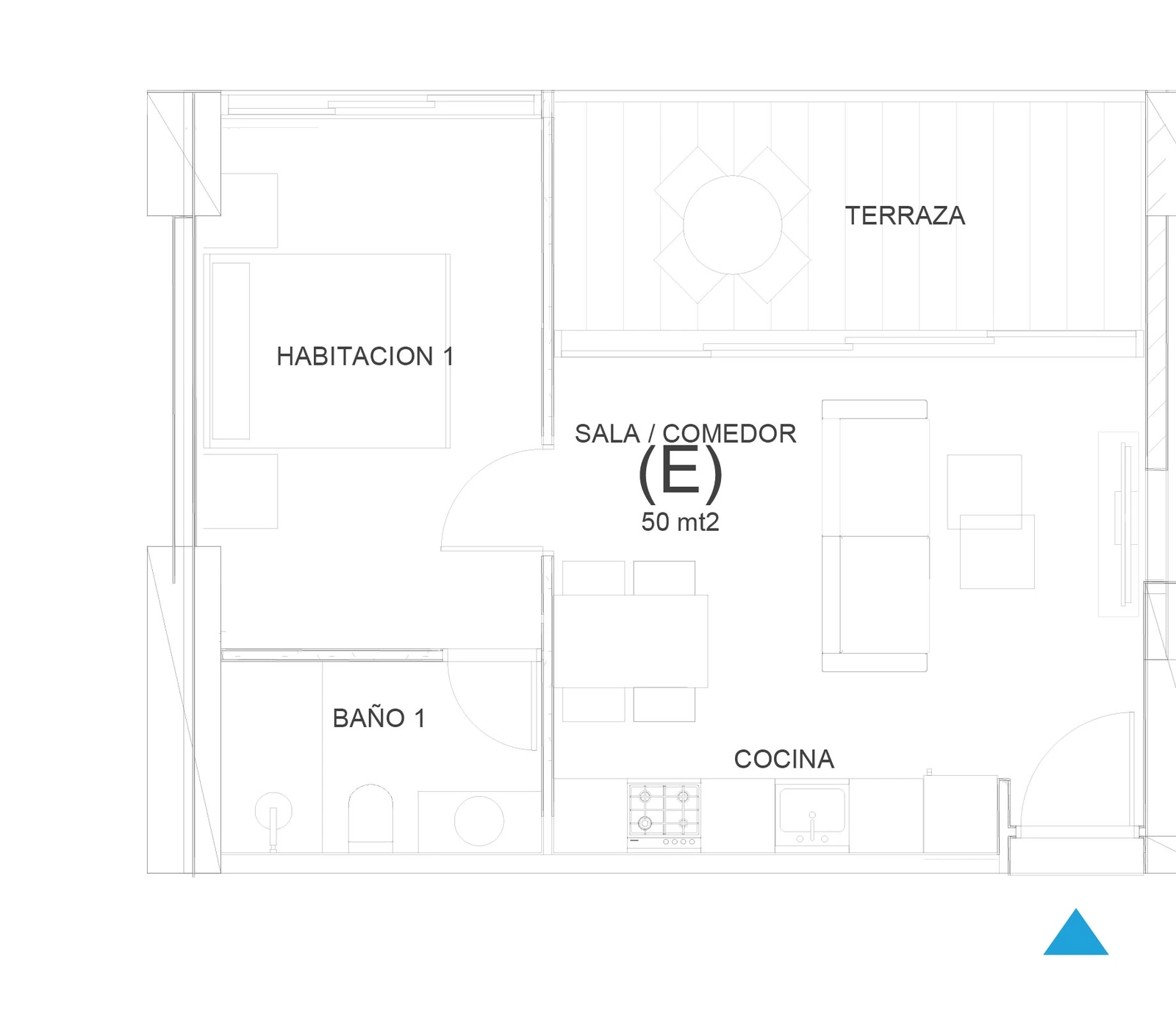 Plano del apartamento Tipo E de 1 habitación y 50 m² en Oceanic Juan Dolio