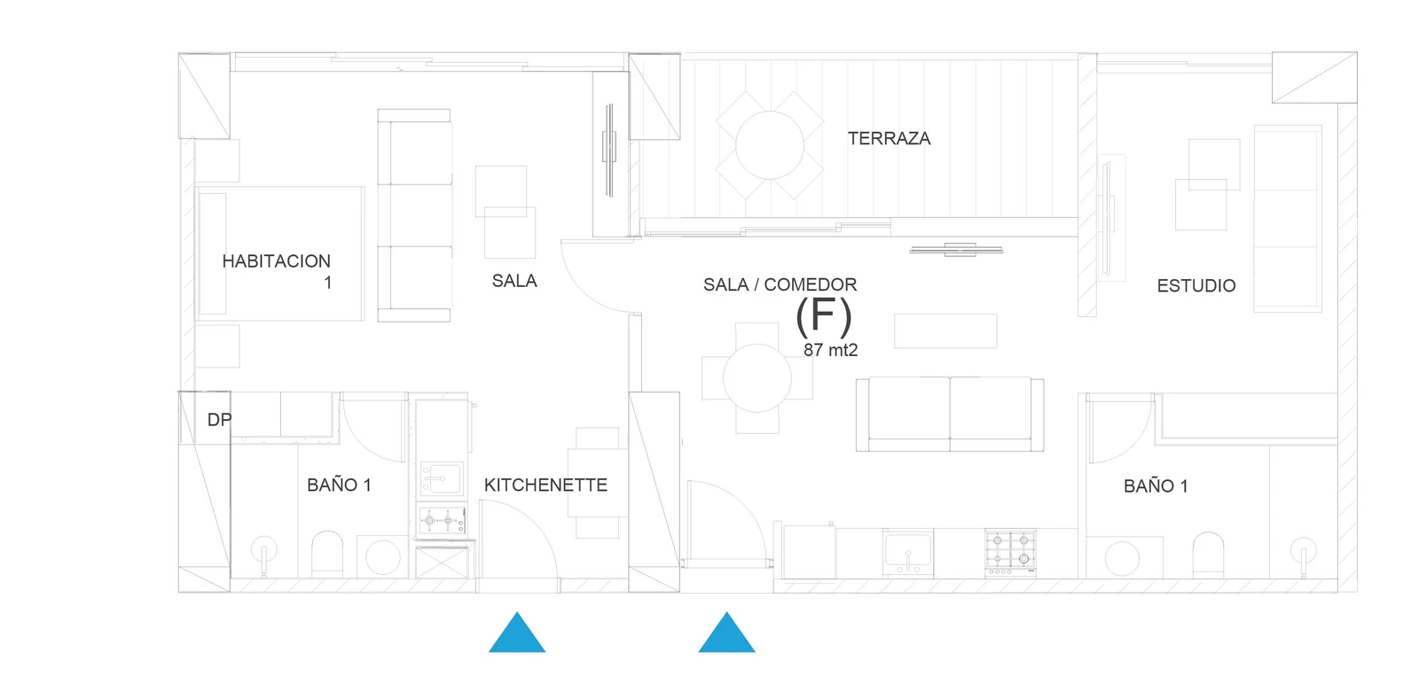 Plano del apartamento Tipo F de 87 m² con habitación lock-off en Oceanic Juan Dolio