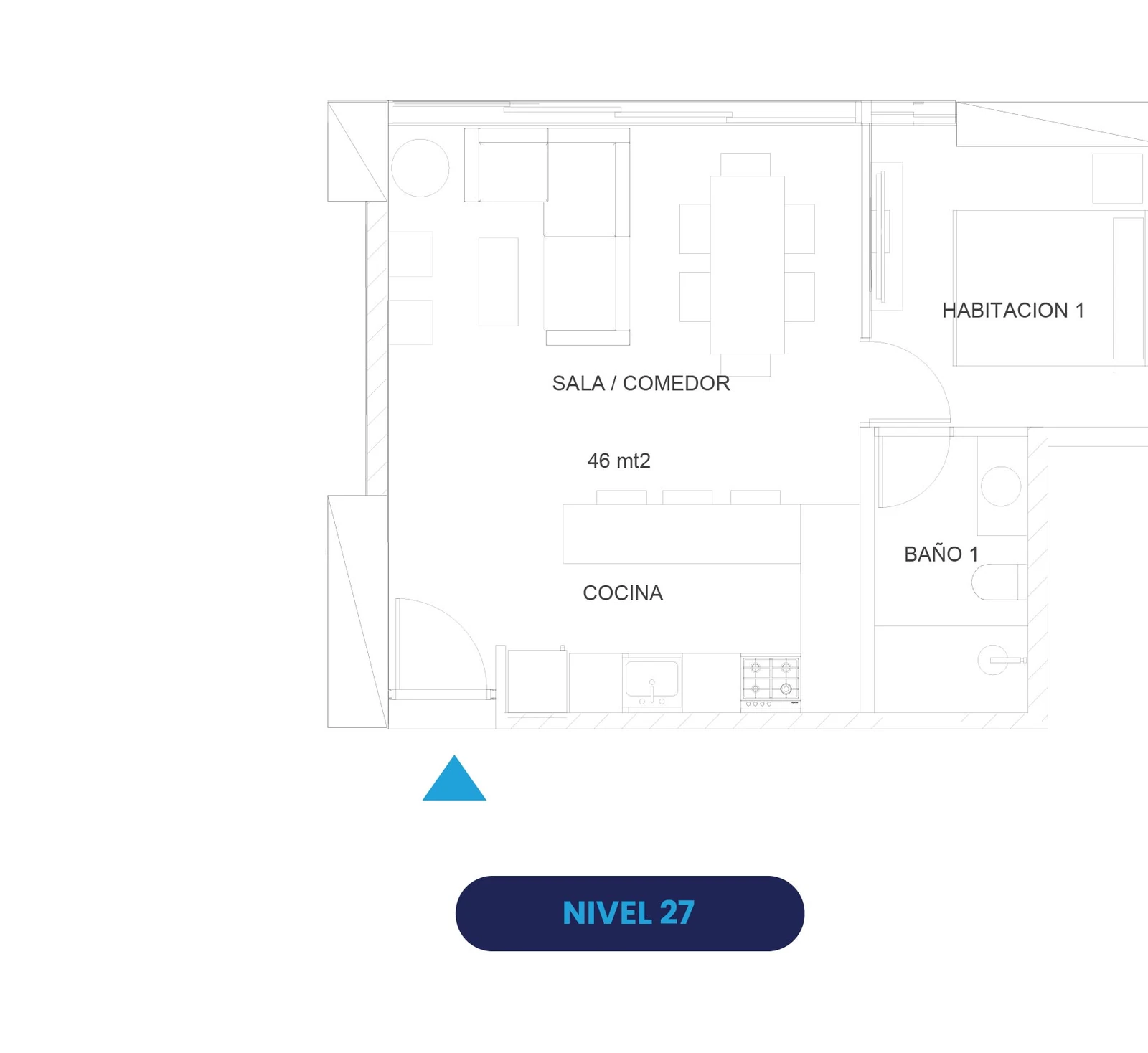 Plano del apartamento Tipo F-Suite de 1 habitación y 46 m² en Oceanic Juan Dolio