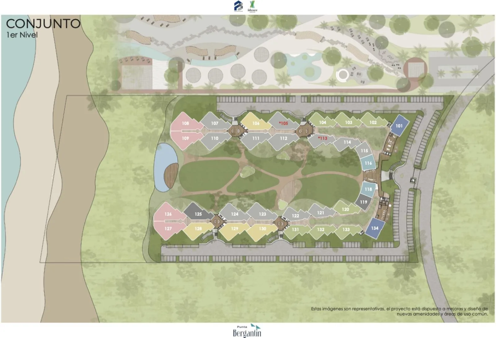 Plano de conjunto del primer nivel de Velavento Beach Apartments frente a la playa en Punta Bergantín
