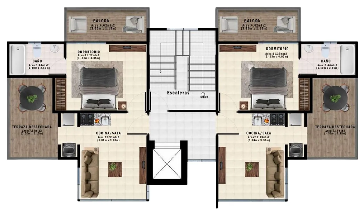 Plano del penthouse de 1 habitación con terraza descubierta en el quinto nivel de Terrazas de Boca Chica