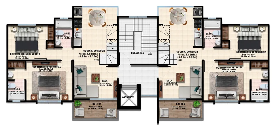 Plano del penthouse de 2 habitaciones en el quinto nivel de Terrazas de Boca Chica
