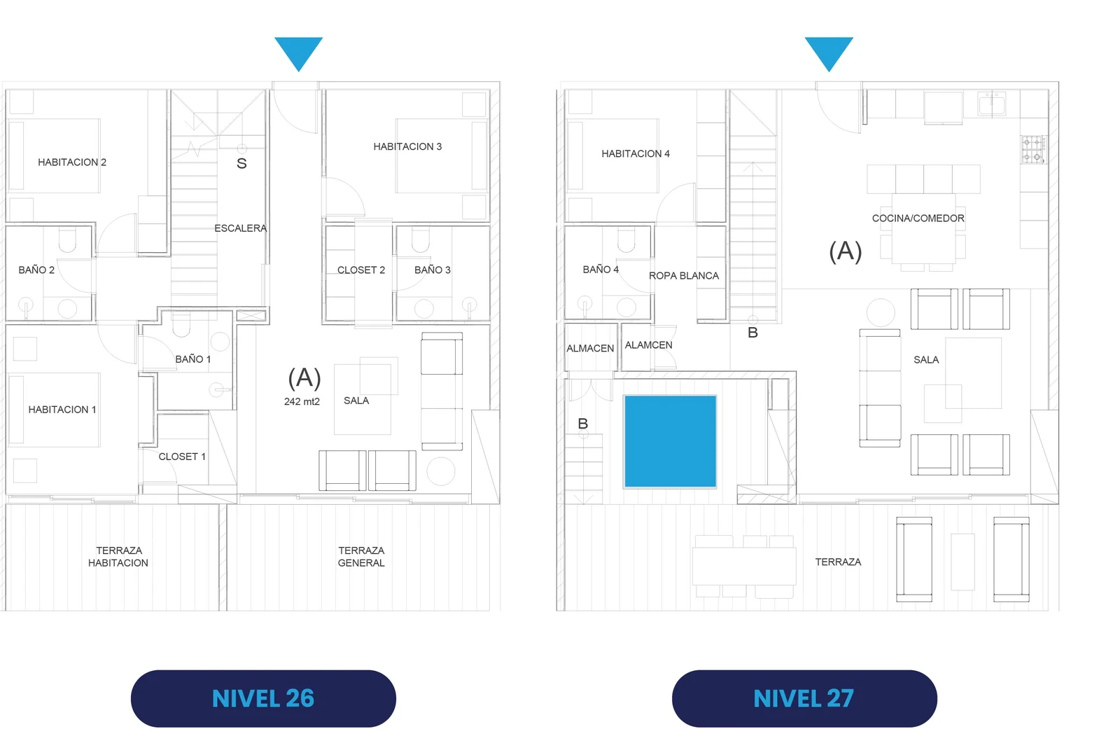 Plano del Penthouse A de 4 habitaciones y 242 m² en dos niveles de Oceanic Juan Dolio