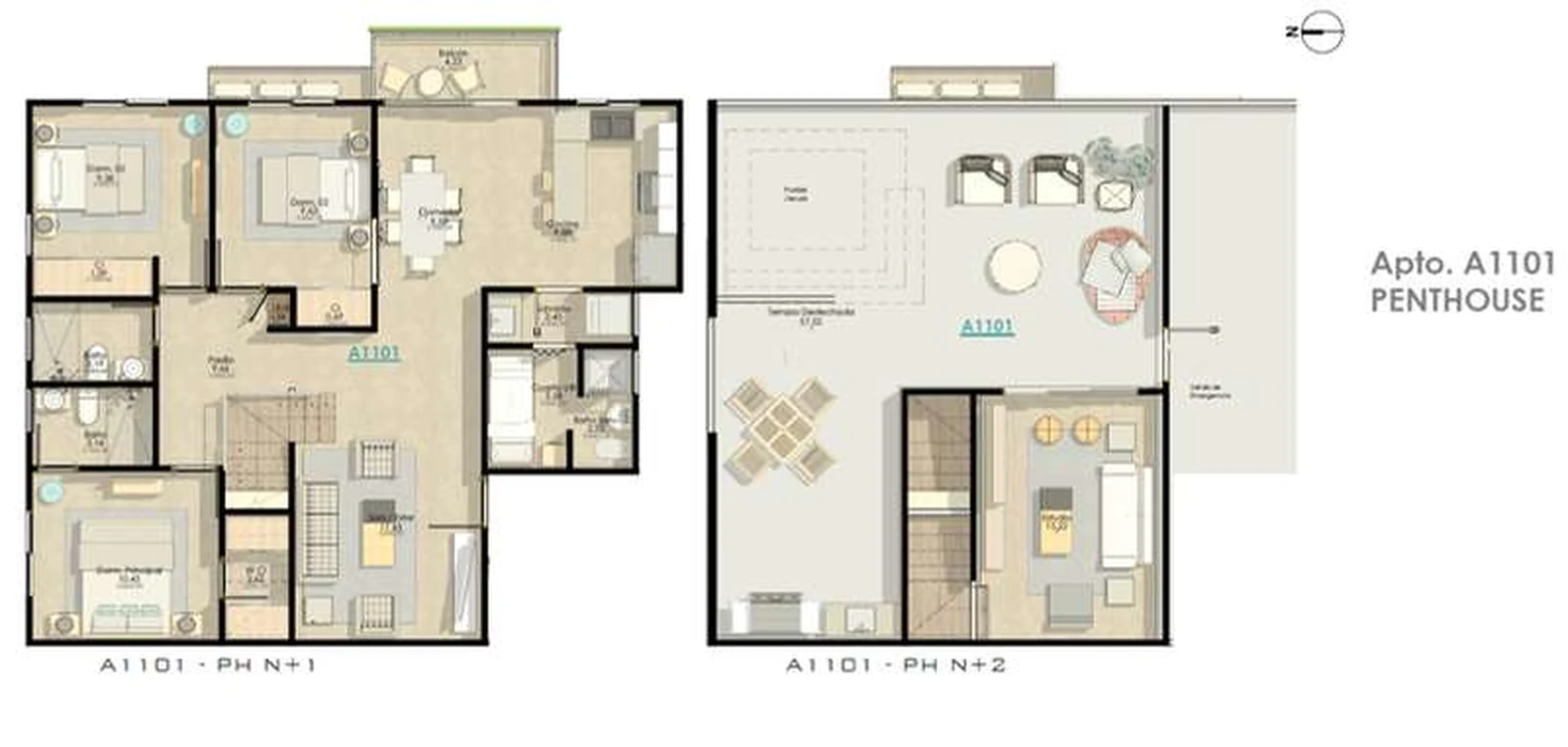 Plano del penthouse A1101 de dos niveles con terraza en Julio Adriano Residences