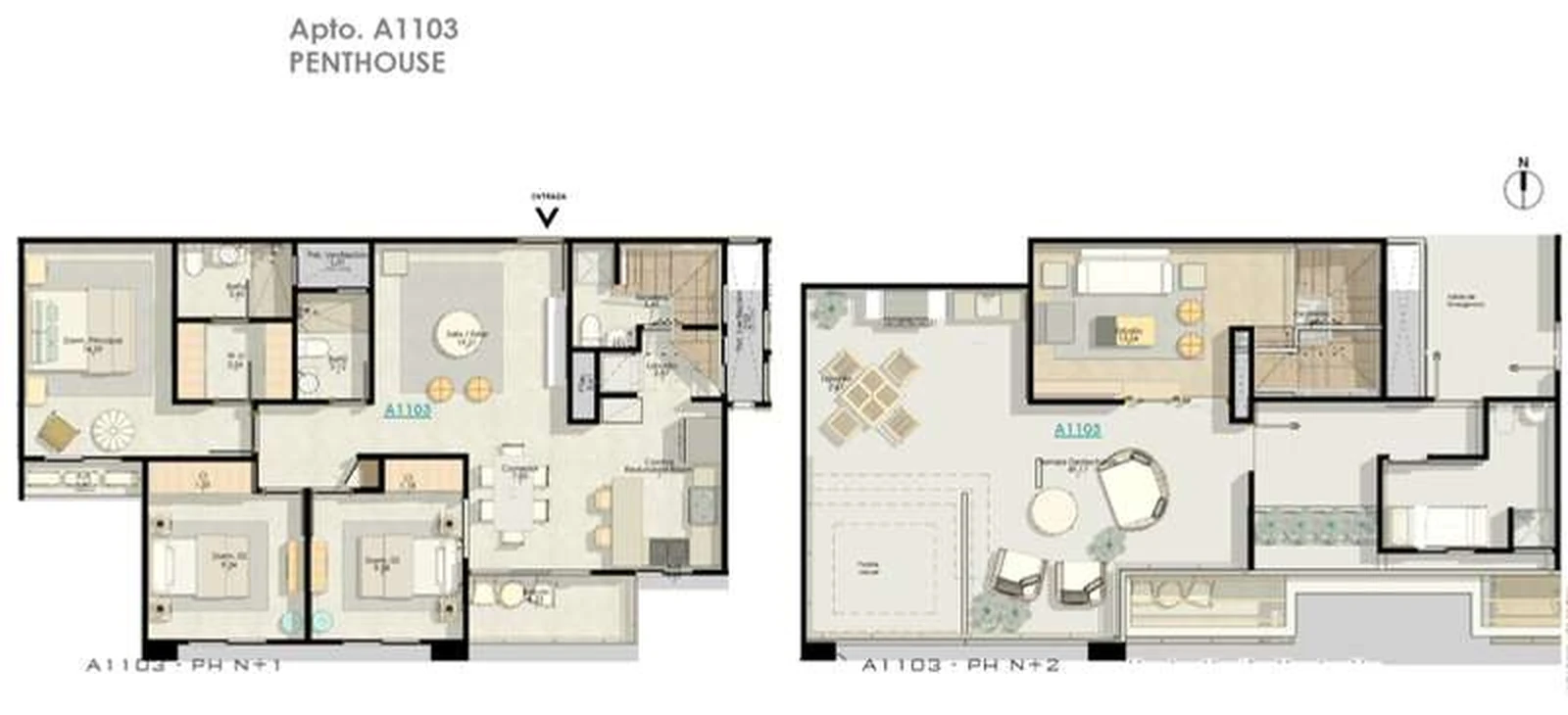 Plano del penthouse A1103 de dos niveles con terraza en Julio Adriano Residences
