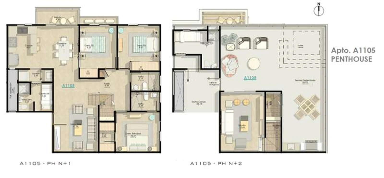Plano del penthouse A1105 de dos niveles con terraza en Julio Adriano Residences