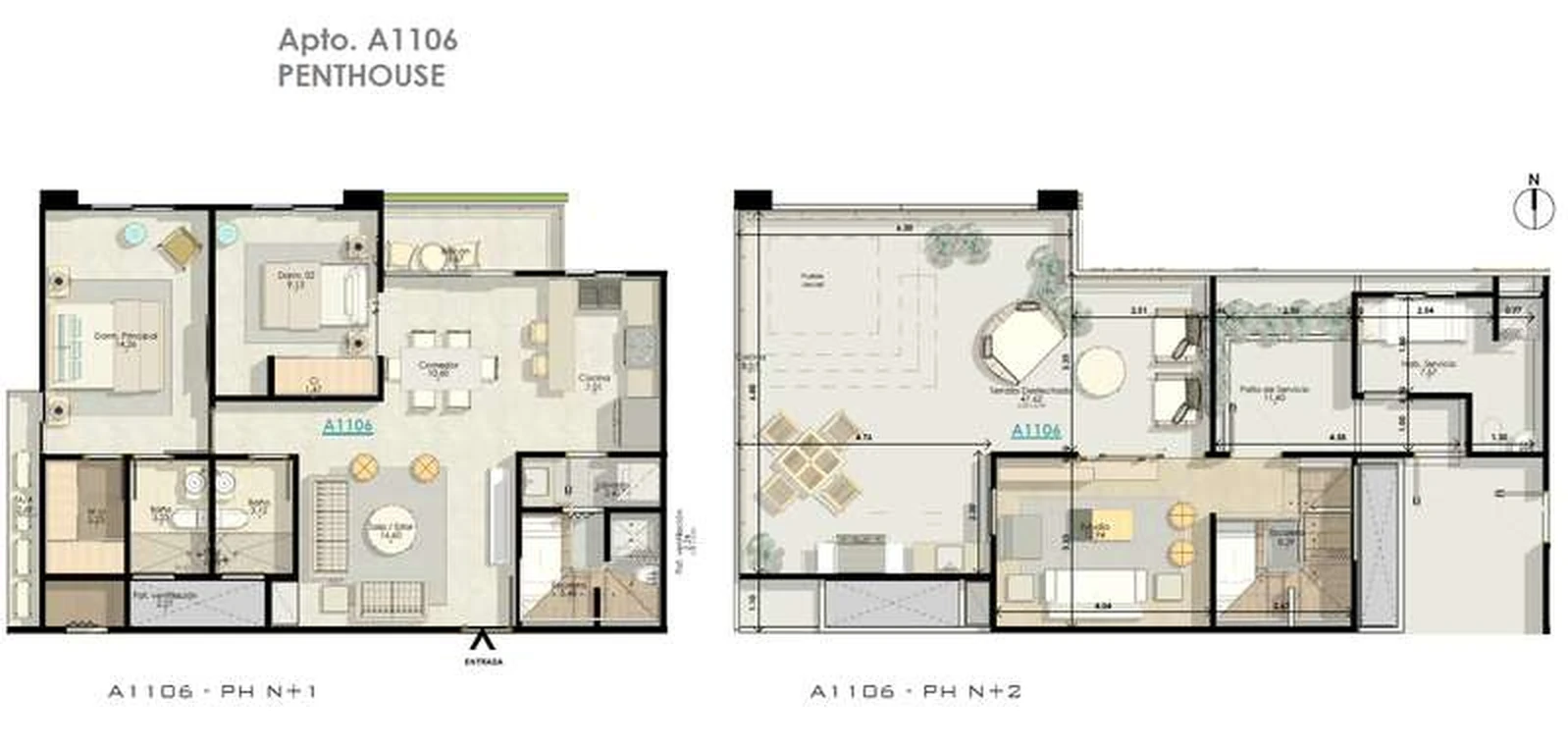 Plano del penthouse A1106 de dos niveles con terraza en Julio Adriano Residences