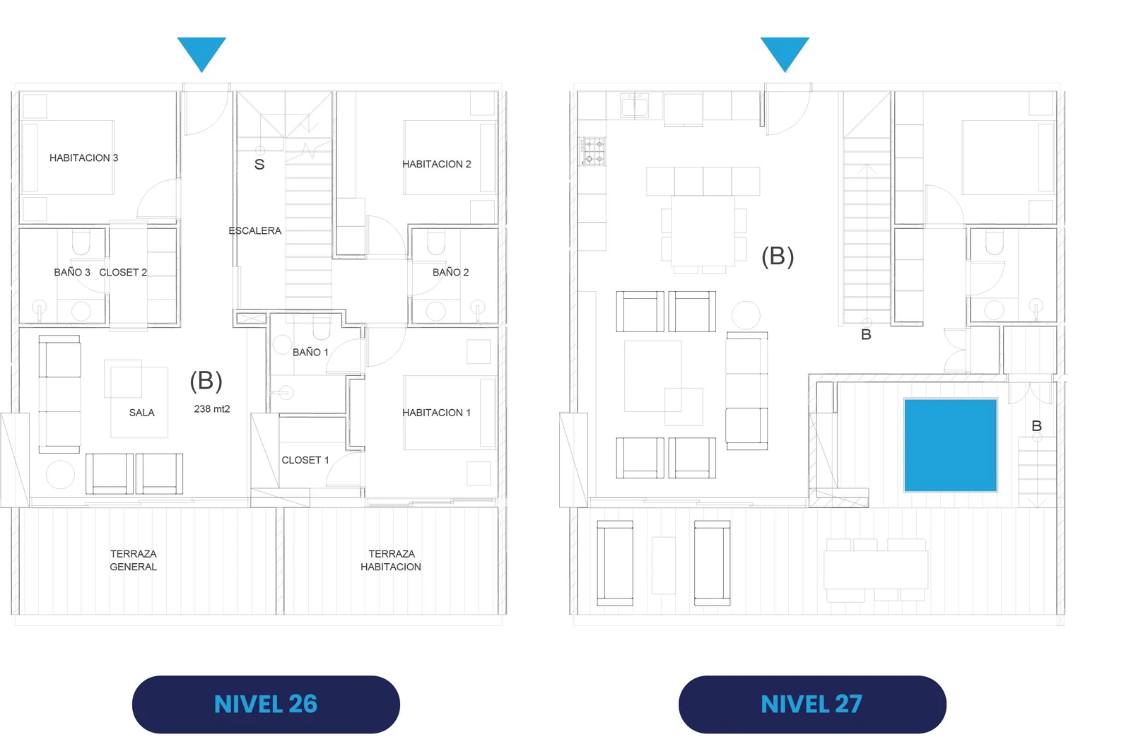 Plano del Penthouse B de 4 habitaciones y 238 m² en dos niveles de Oceanic Juan Dolio