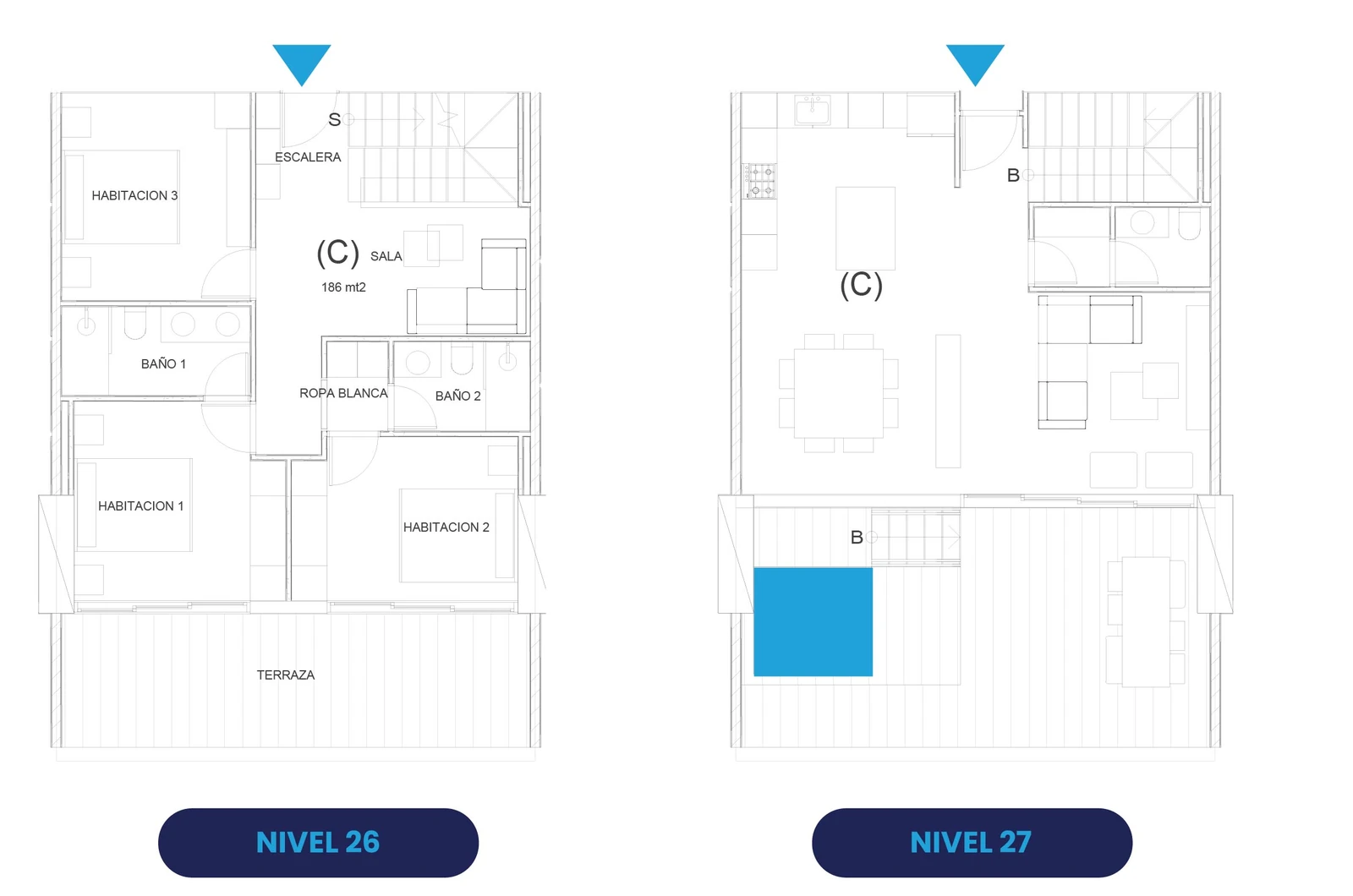Plano del Penthouse C de 3 habitaciones y 186 m² en dos niveles de Oceanic Juan Dolio