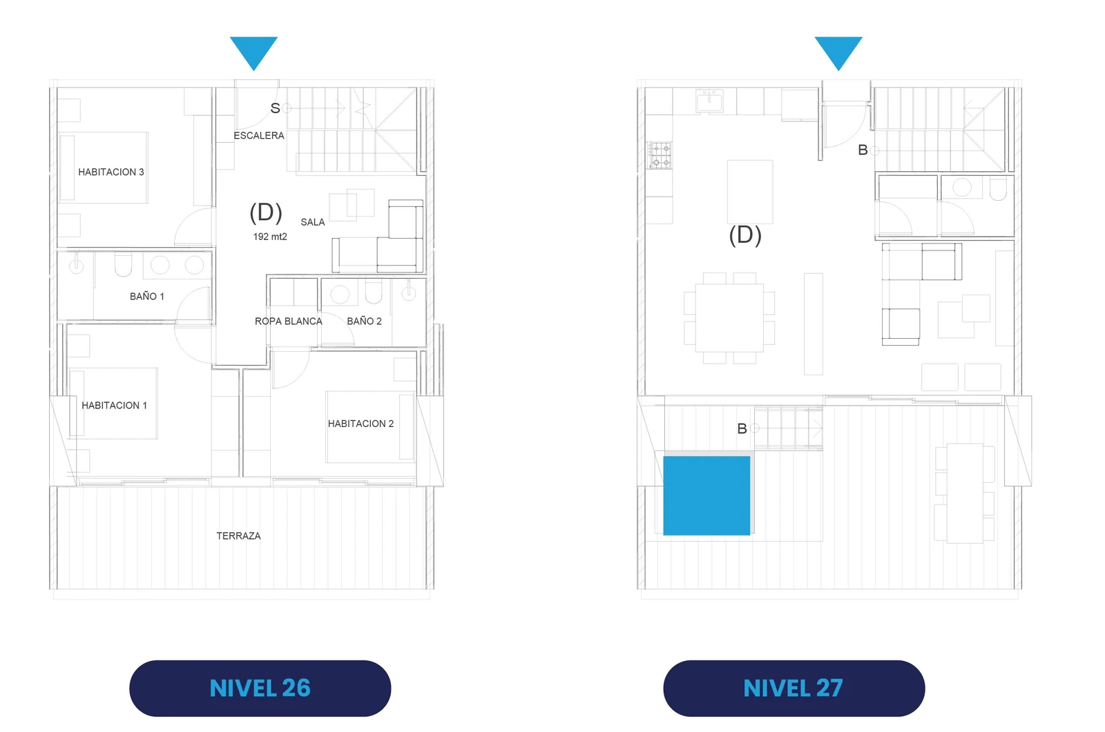 Plano del Penthouse D de 3 habitaciones y 192 m² en dos niveles de Oceanic Juan Dolio