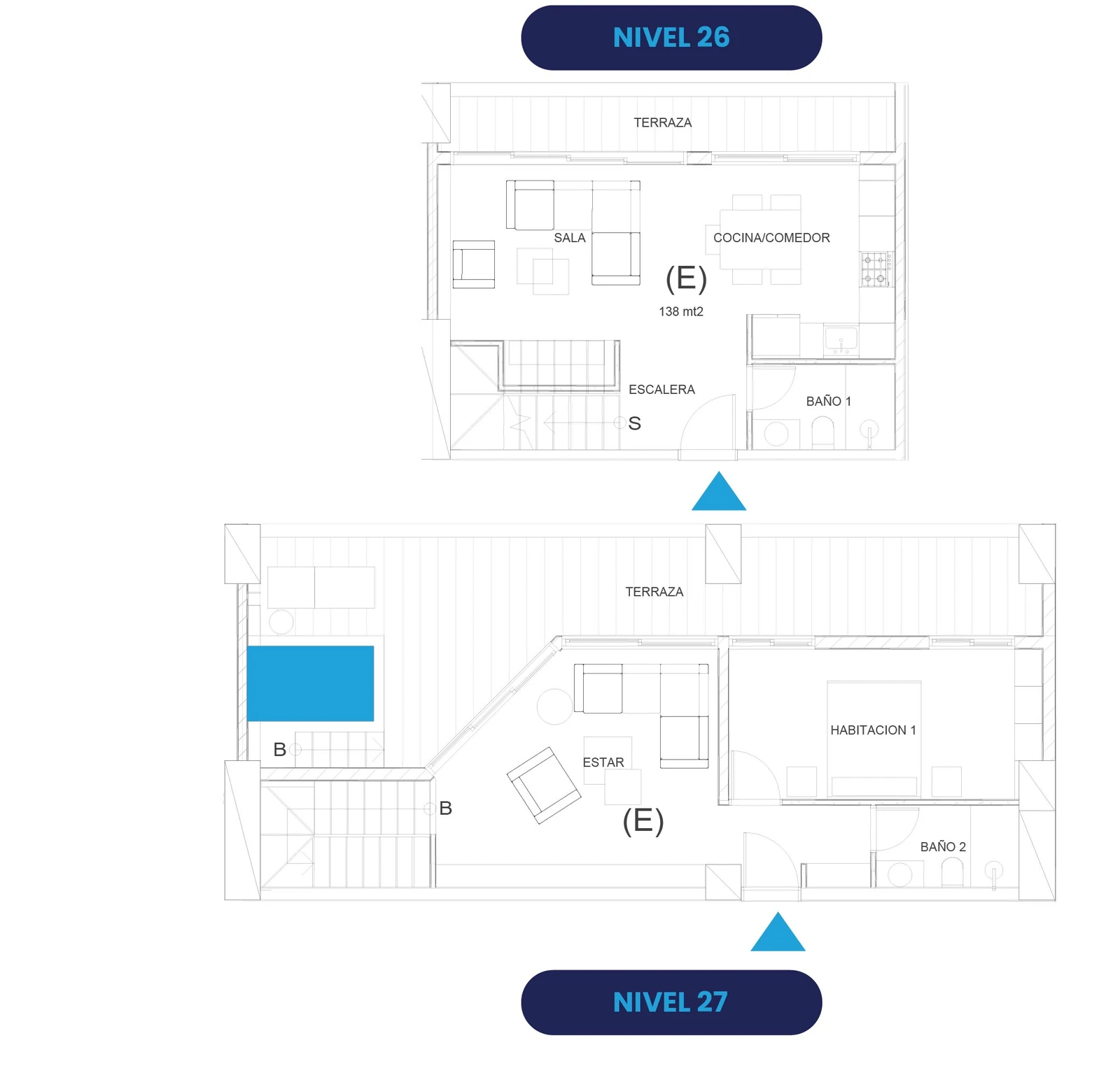 Plano del Penthouse E de 1 habitación y 138 m² en dos niveles de Oceanic Juan Dolio