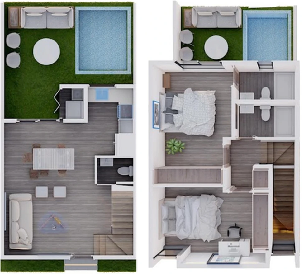 Allegra Park: villas duplex nuevas en el Residencial Bávaro-Punta Cana 2 Plano de la villa duplex de 2 habitaciones y 89 m² de Allegra Park Punta Cana, primer y segundo piso