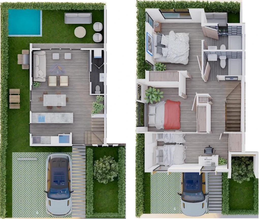 Allegra Park: villas duplex nuevas en el Residencial Bávaro-Punta Cana 3 Plano de la villa duplex de 3 habitaciones y 103 m² de Allegra Park Punta Cana, primer y segundo piso