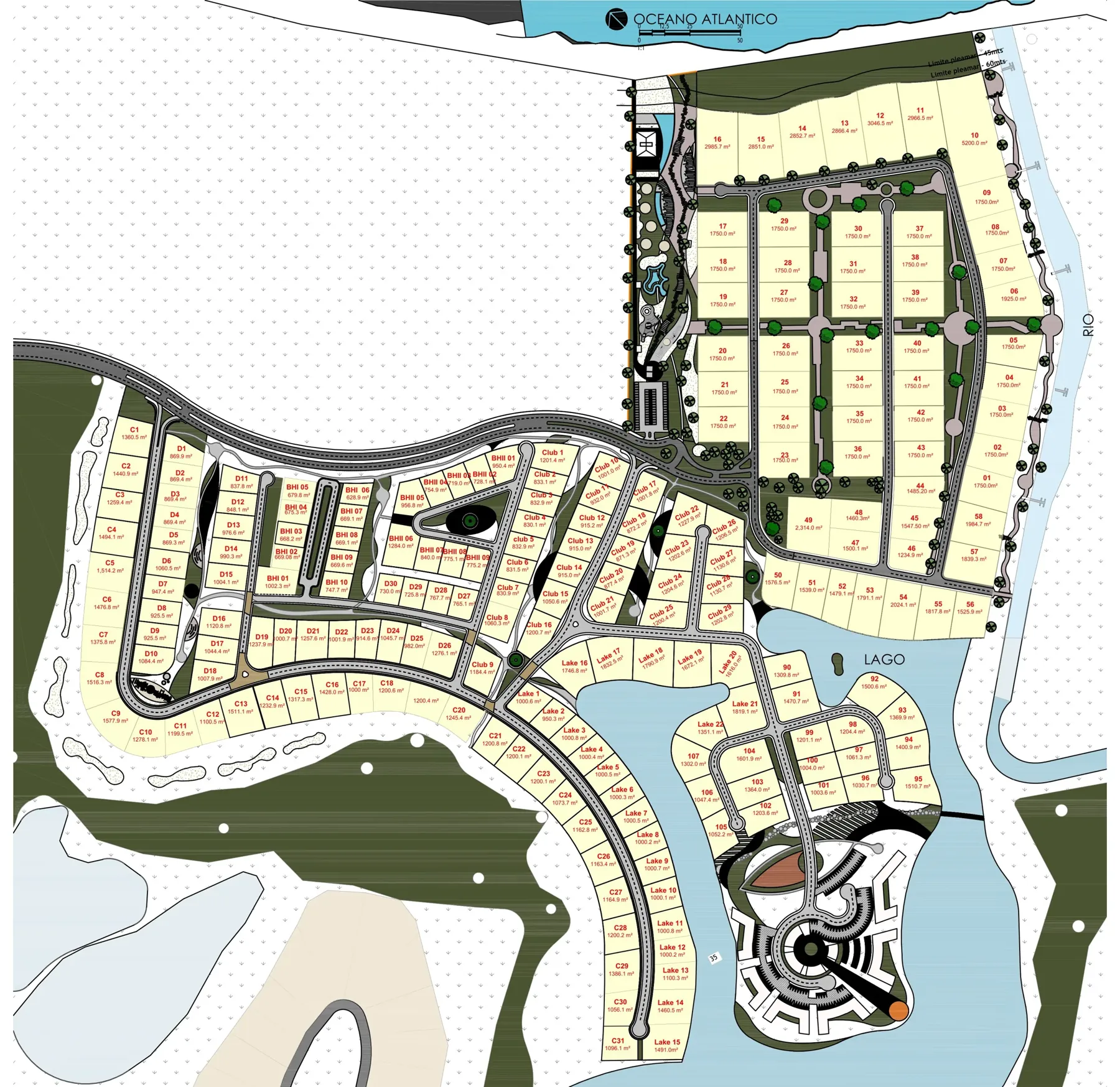 Plano de la zona Founders de Punta Bergantín con los solares numerados, el lago, el río y el océano Atlántico