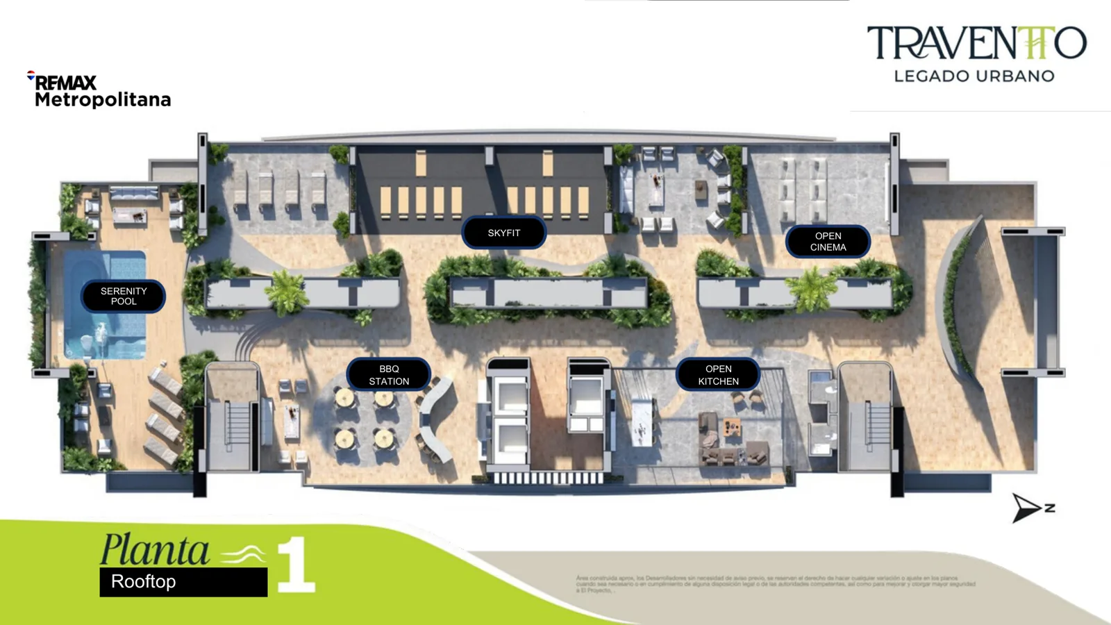 Planta de amenidades del rooftop de Traventto Santo Domingo con piscina, Open Cinema, BBQ Station y open kitchen