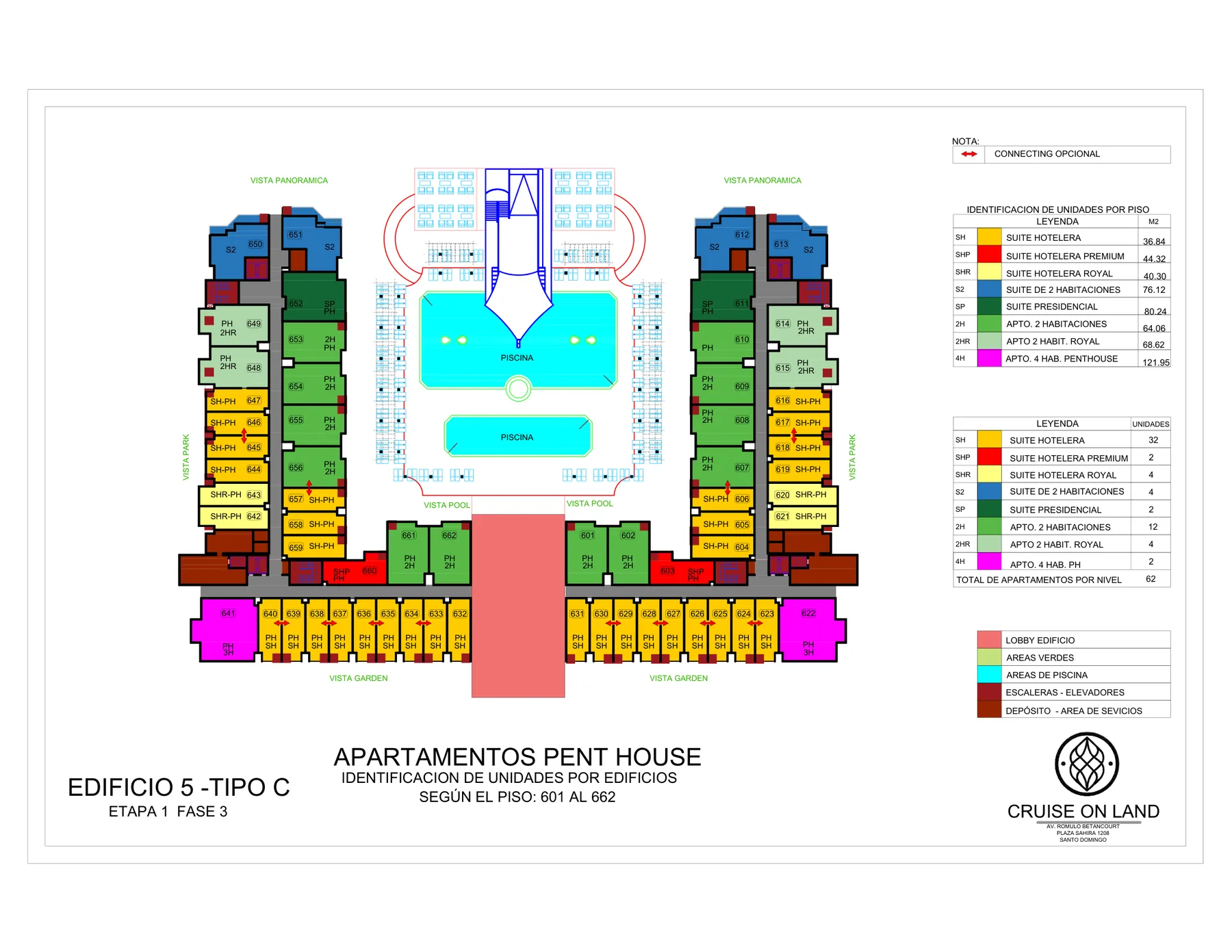 Planta del nivel penthouse del Edificio 5 de Cruise On Land Punta Cana con la ubicación de cada tipología