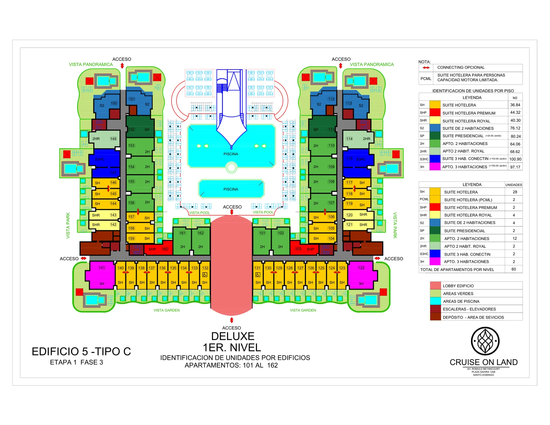 Planta del primer nivel Deluxe del Edificio 5 de Cruise On Land con la ubicación de cada tipología y las piscinas