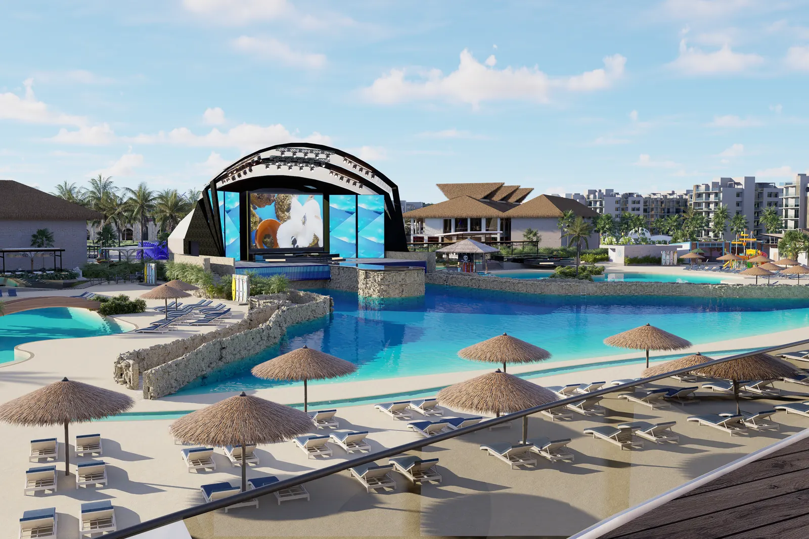 Playa artificial de Cruise On Land Punta Cana con el escenario de eventos al fondo