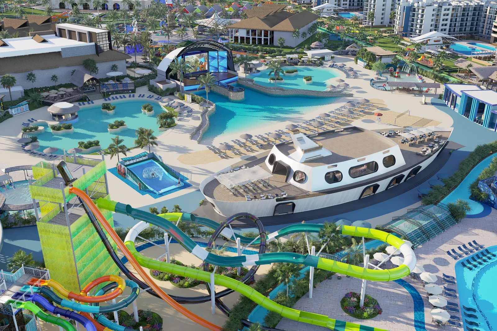Plaza Barco de Cruise On Land Punta Cana, un edificio en forma de barco entre piscinas y playa