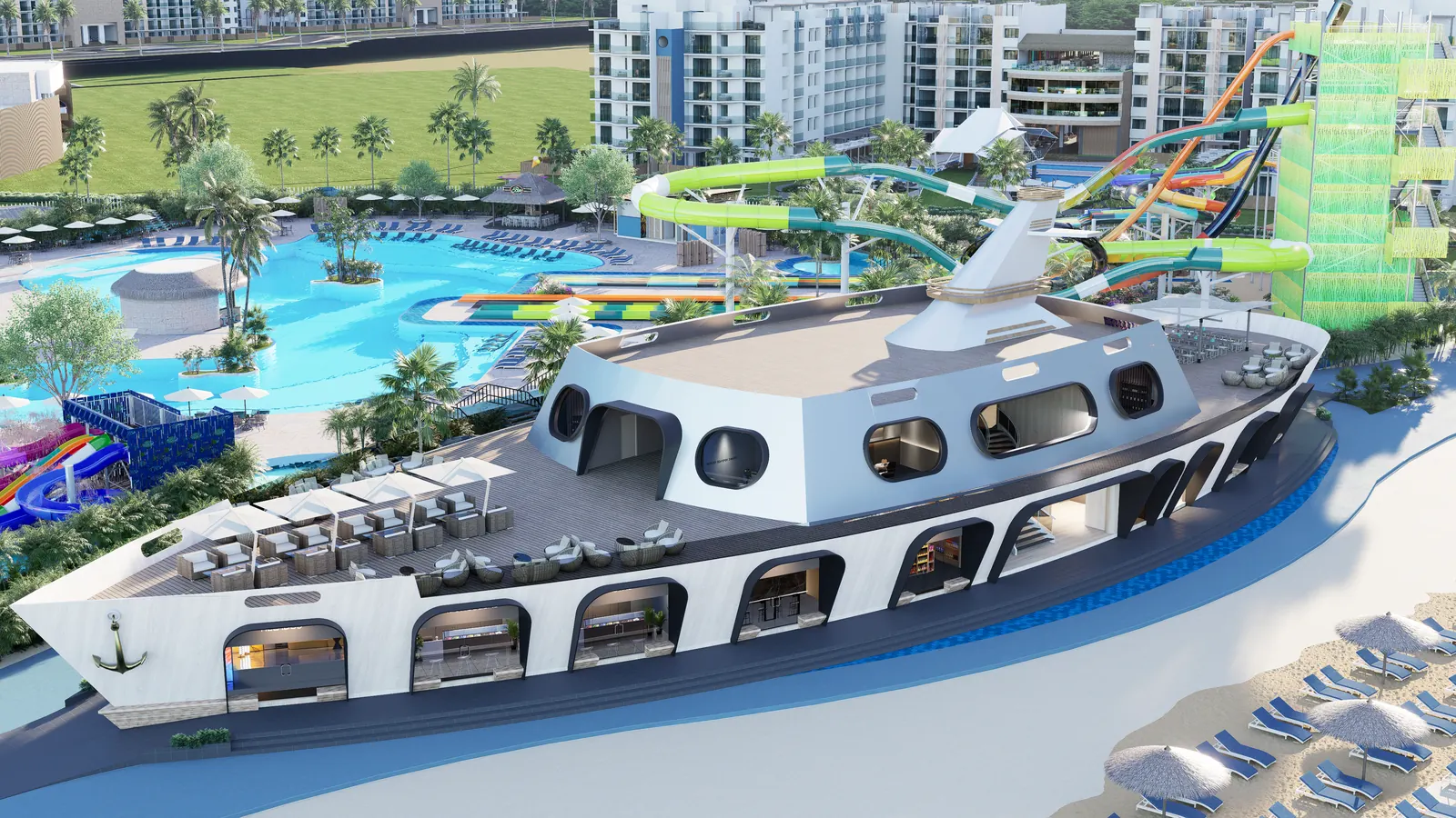 Plaza Barco con los condohoteles al fondo de Cruise On Land Punta Cana