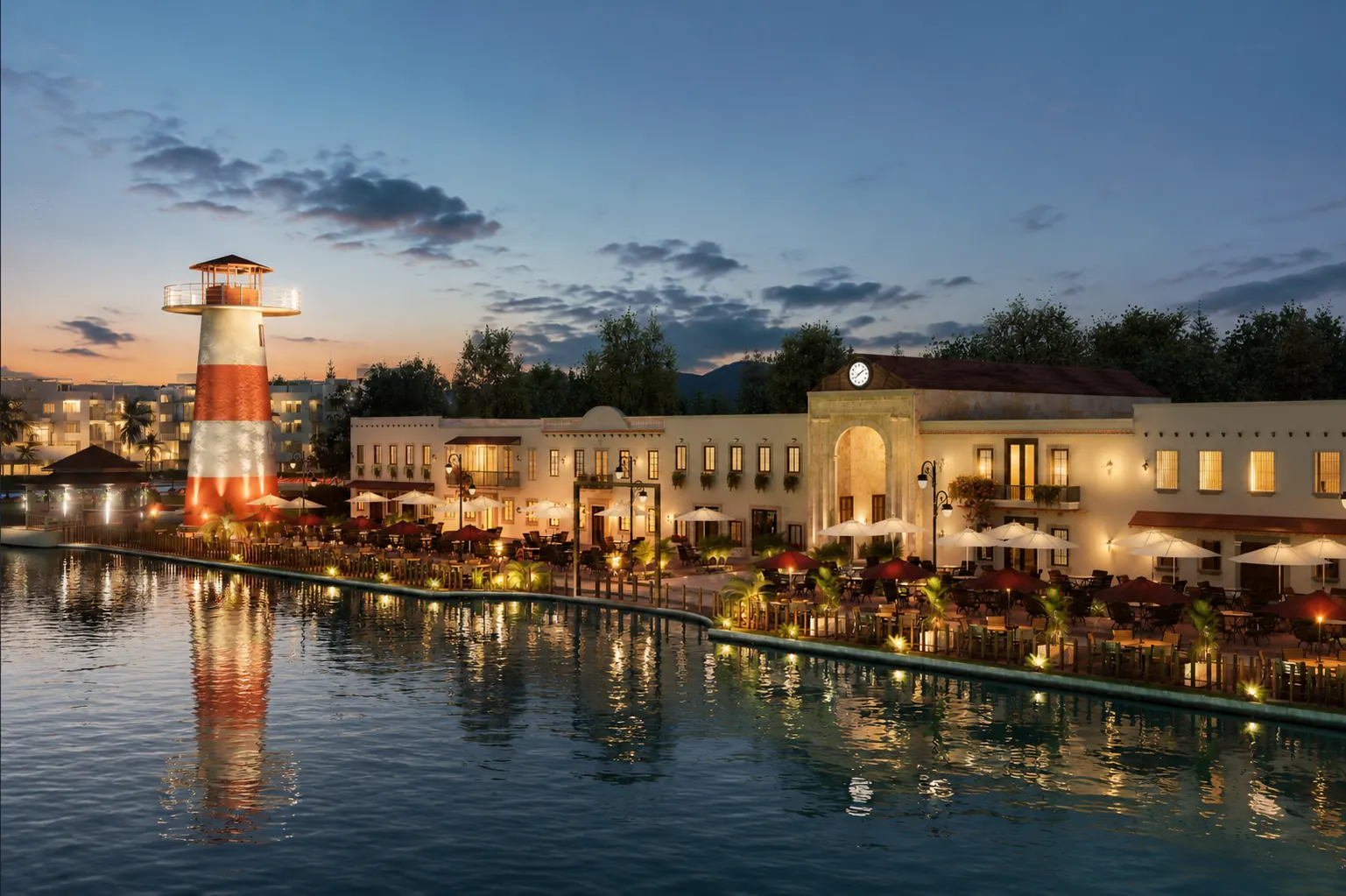 Plaza Colonial con el faro iluminado de noche de Cruise On Land Punta Cana
