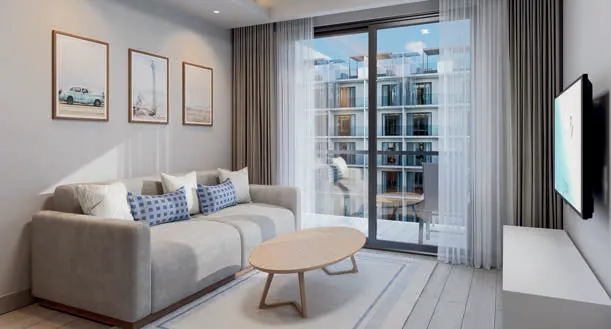 Render 3D de la sala del apartamento de 2 habitaciones del Edificio 6 de Cruise On Land Punta Cana