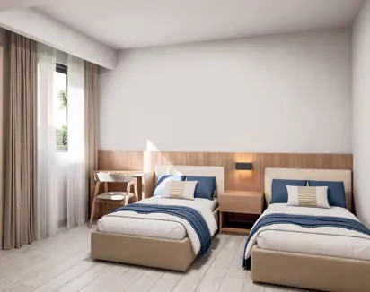Render 3D de la habitación con dos camas del apartamento de 2 habitaciones de Cruise On Land Punta Cana