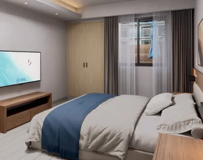 Render 3D de la habitación principal del apartamento de 2 habitaciones de Cruise On Land Punta Cana