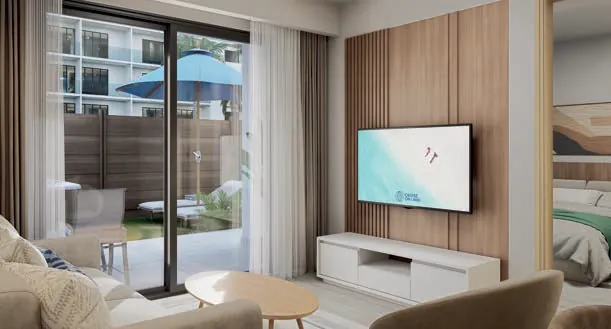 Render 3D de la sala del apartamento de 2 habitaciones Royal del Edificio 6 de Cruise On Land Punta Cana