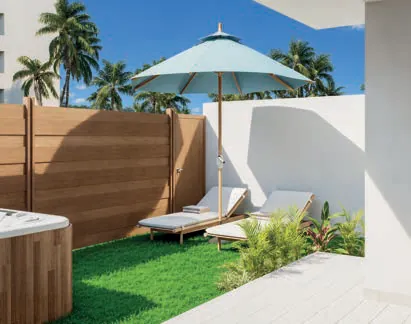 Render 3D del patio con jacuzzi y solárium del apartamento 2 habitaciones Royal Deluxe de Cruise On Land Punta Cana