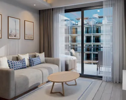 Render 3D de la sala del apartamento de 2 habitaciones Royal de Cruise On Land Punta Cana