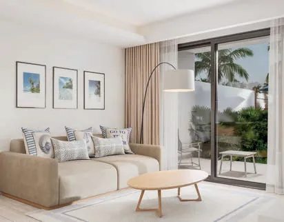 Render 3D de la sala del apartamento de 3 habitaciones de Cruise On Land Punta Cana