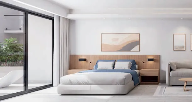 Render 3D de la sala con piscina de la suite de 2 habitaciones connecting del Edificio 6 de Cruise On Land Punta Cana