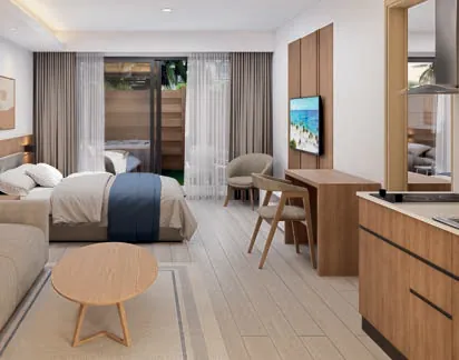Render 3D del estudio con cocineta de la suite de 2 habitaciones connecting de Cruise On Land Punta Cana