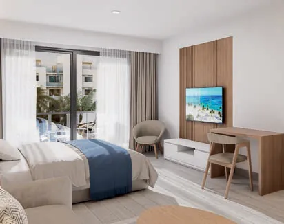 Render 3D de la habitación de la suite de 2 habitaciones connecting de Cruise On Land Punta Cana
