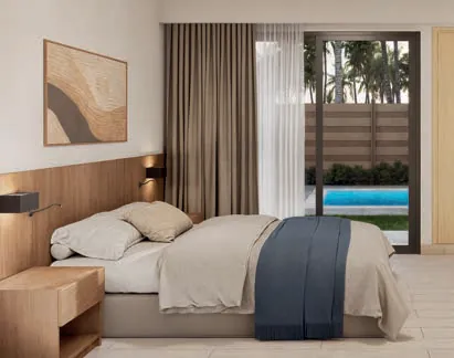 Render 3D de la habitación con vista a la piscina de la suite de 2 habitaciones de Cruise On Land Punta Cana