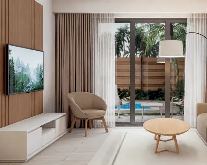Render 3D de la sala con salida al patio de la suite de 2 habitaciones de Cruise On Land Punta Cana