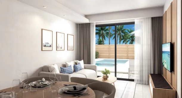 Render 3D de la habitación de la suite de 3 habitaciones connecting del Edificio 6 de Cruise On Land Punta Cana