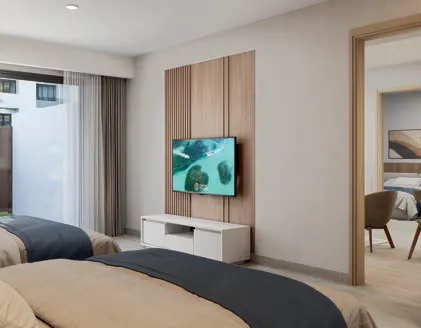 Render 3D de la habitación de la suite de 3 habitaciones connecting de Cruise On Land Punta Cana