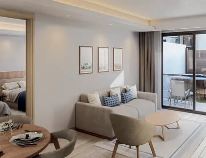 Render 3D de la sala y el comedor de la suite de 3 habitaciones connecting de Cruise On Land Punta Cana