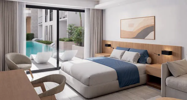 Render 3D de la Suite Hotelera del Edificio 6 con salida a la piscina swim-up de Cruise On Land Punta Cana